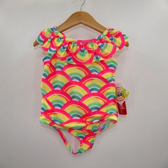 NWT Penelope Mack Bright Neon Rainbow Ruffle One Piece Swimsuit Kids Size 4 - Picture 1 of 6